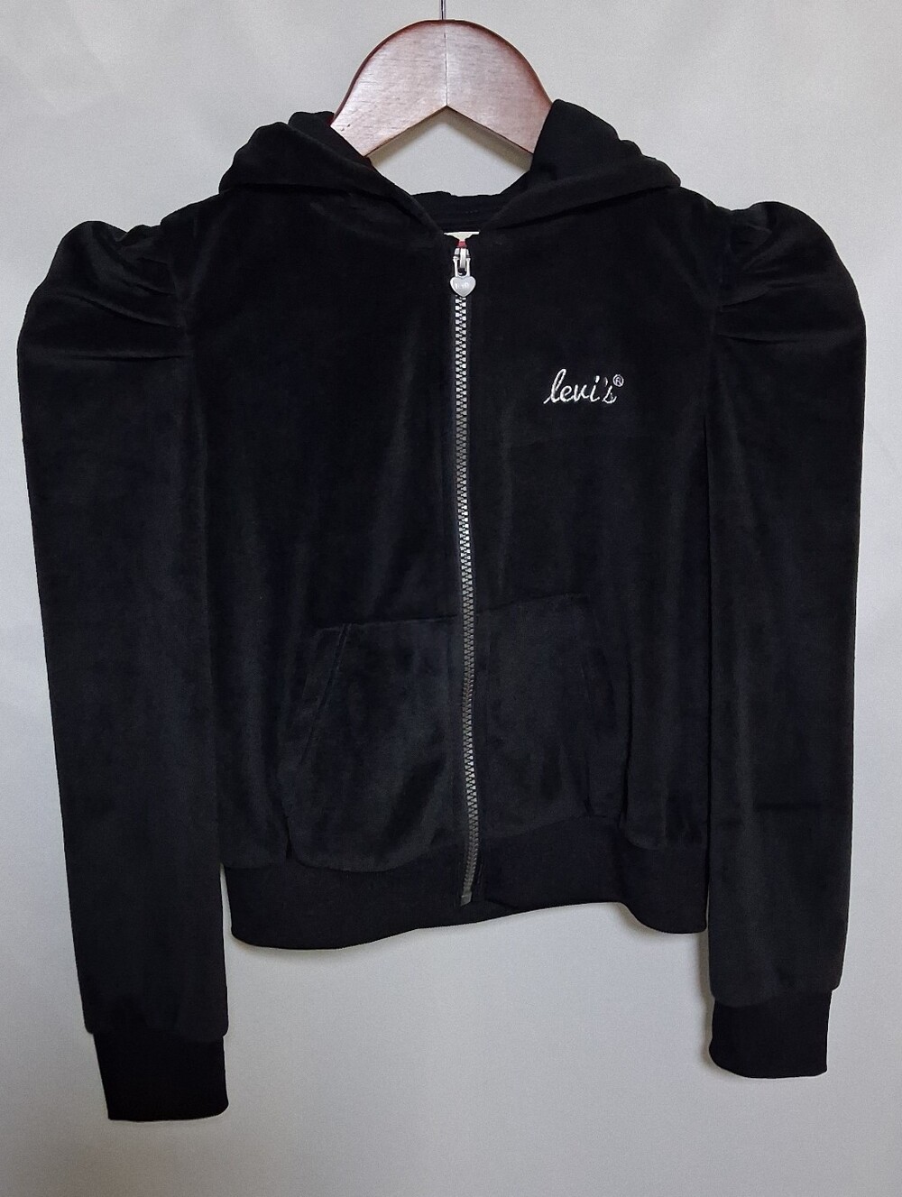 Girls Levis Black Velour Puff Sleeve Full Zip Hoodie Jacket Size S
